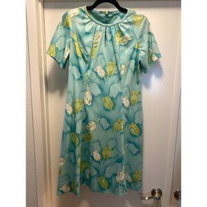VTG 60-70s Summer Dress Women Floral Blue Green Round Neck